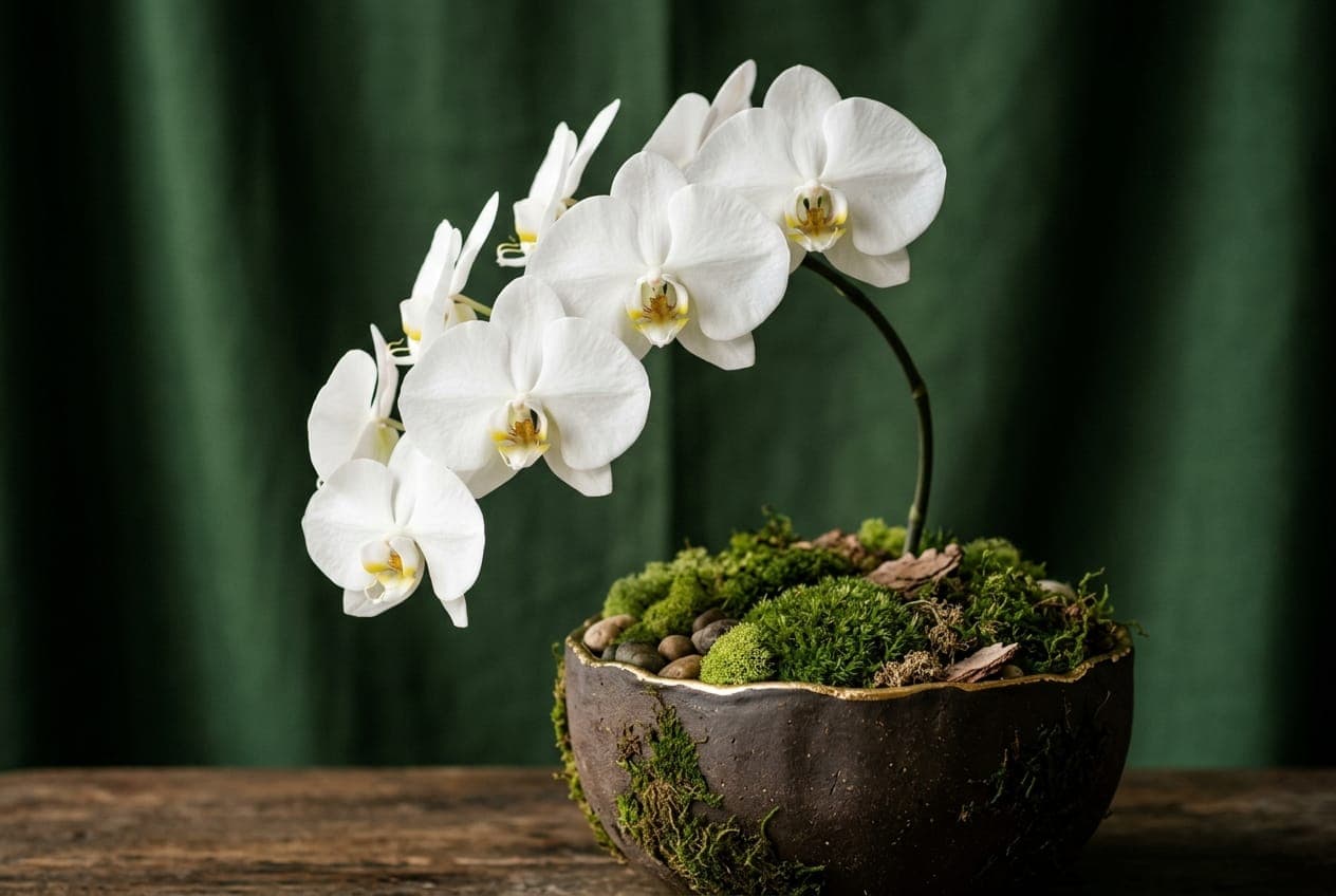 Detail of a white orchid arrangement styled in a handmade vessel
