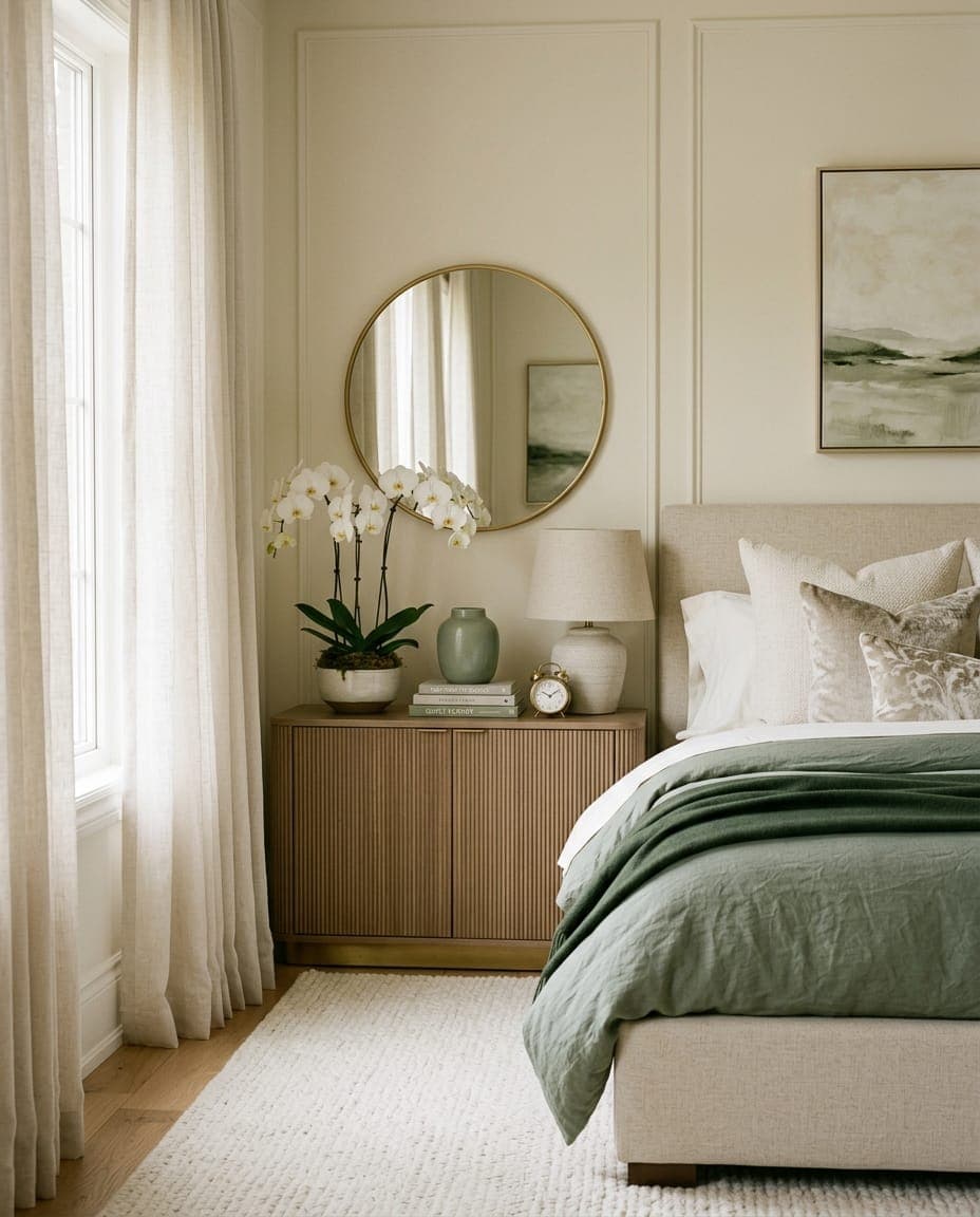 White orchid styled on a bedside console in a primary bedroom
