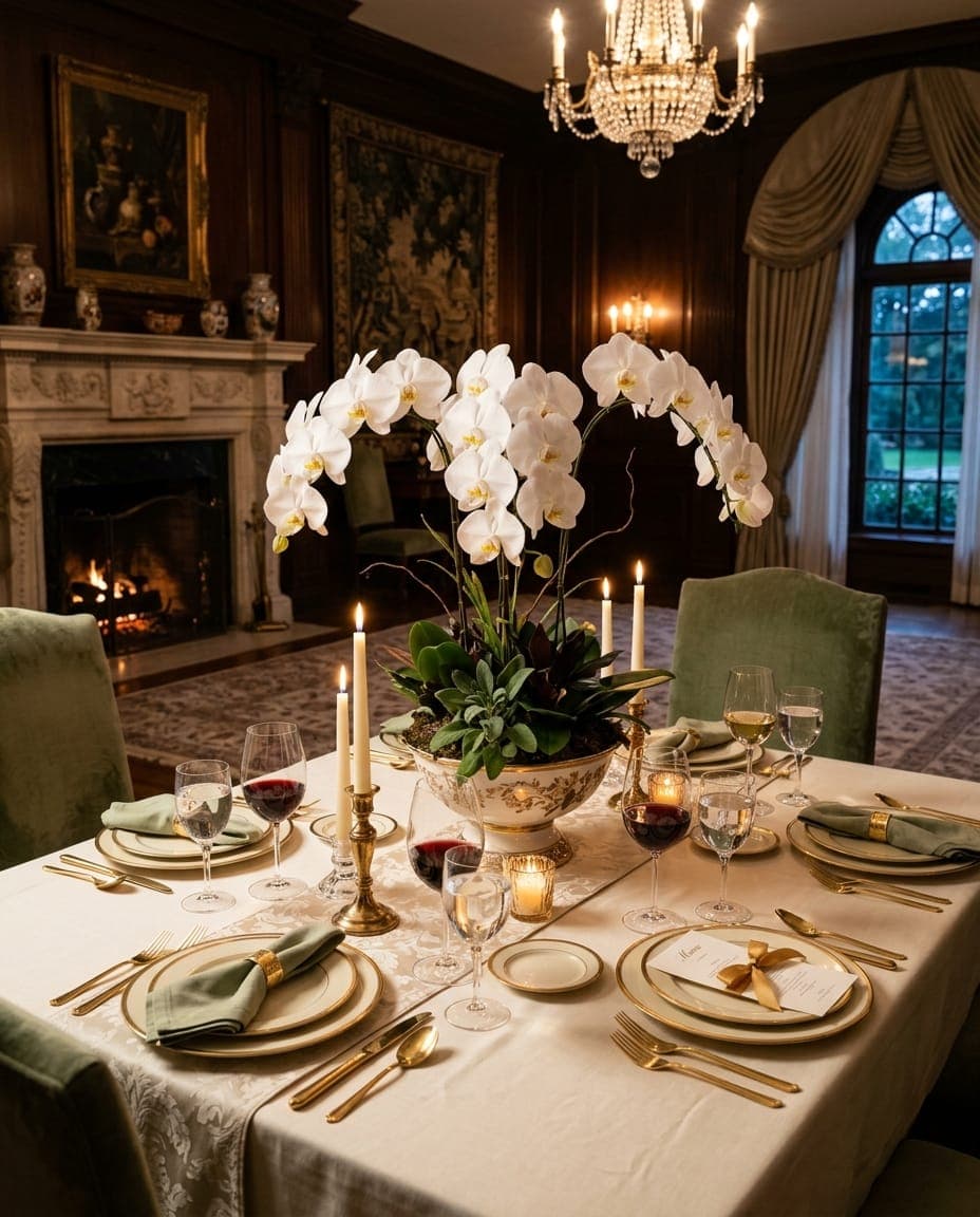 White orchid centerpiece on a formal dining table