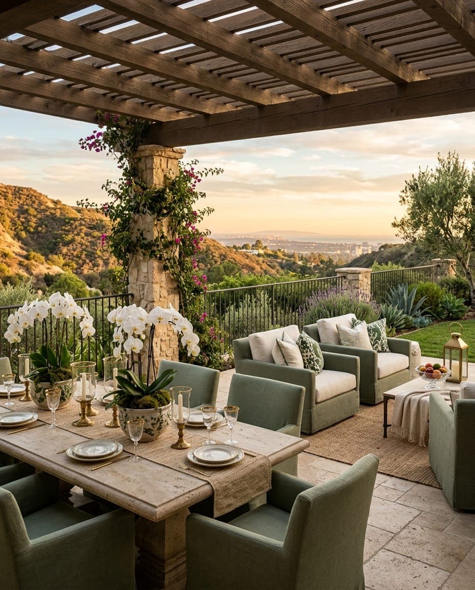 White orchids styled on a hillside estate terrace at golden hour