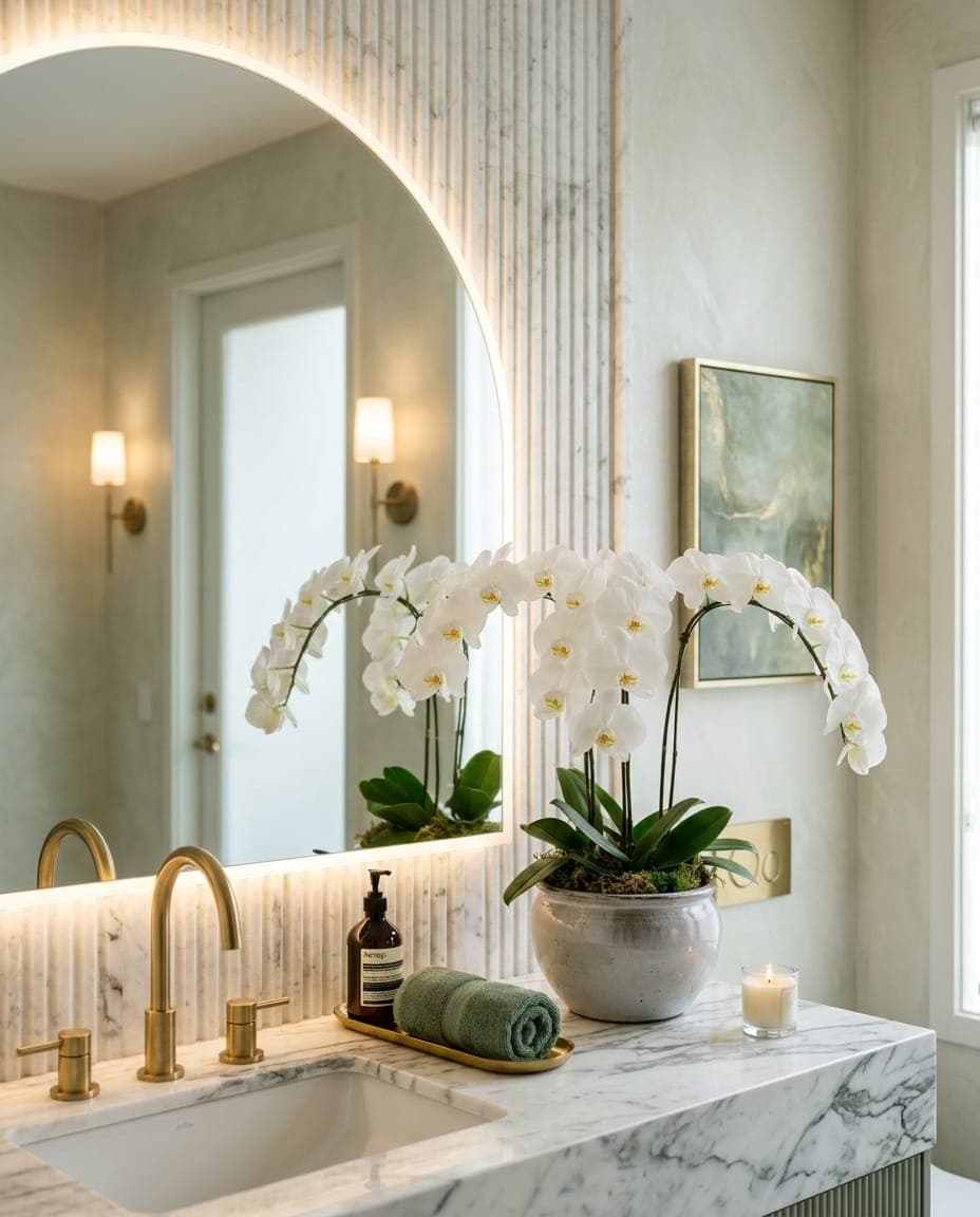 White orchid arrangement on a marble powder-room vanity