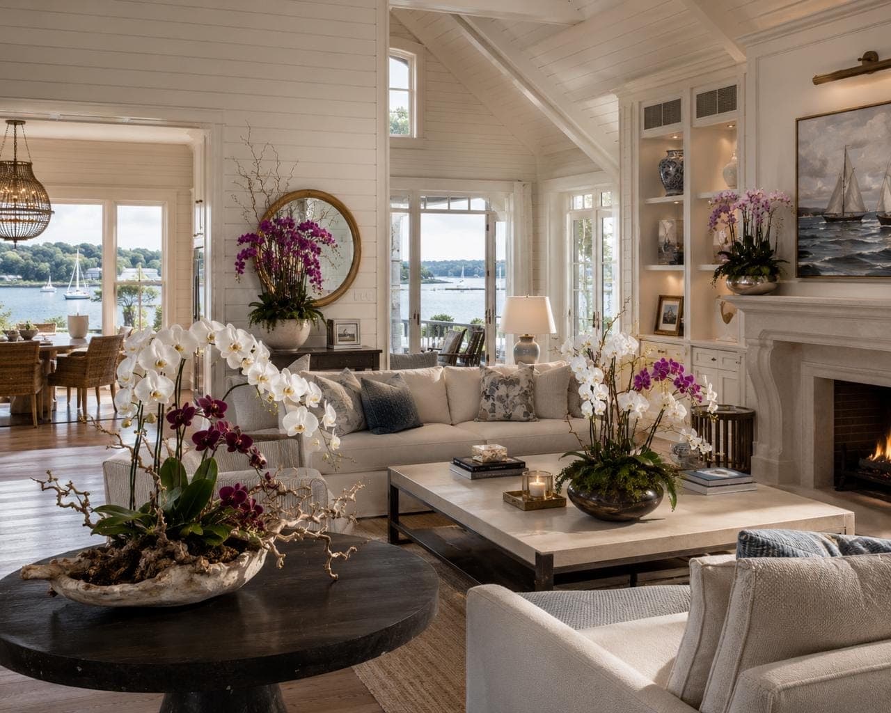 Cascading orchid installation styled for a luxury home
